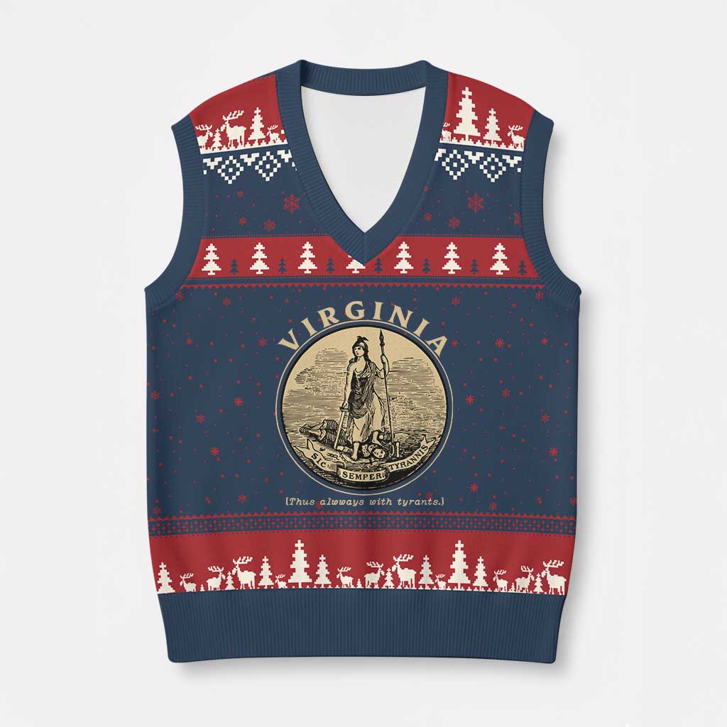 Vintage Virginia Motto Sic Semper Tyrannis V-Neck Knit Sweater Vest TS14 Navy Red Print Your Wear