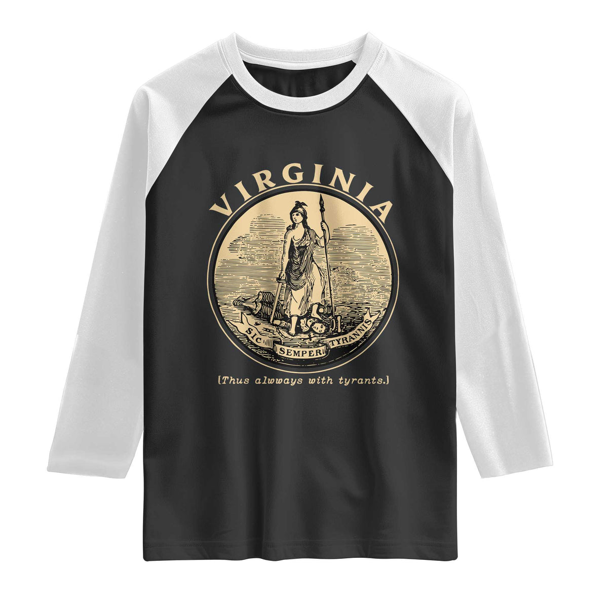 Vintage Virginia Motto Sic Semper Tyrannis Raglan Shirt TS14 Black White Print Your Wear