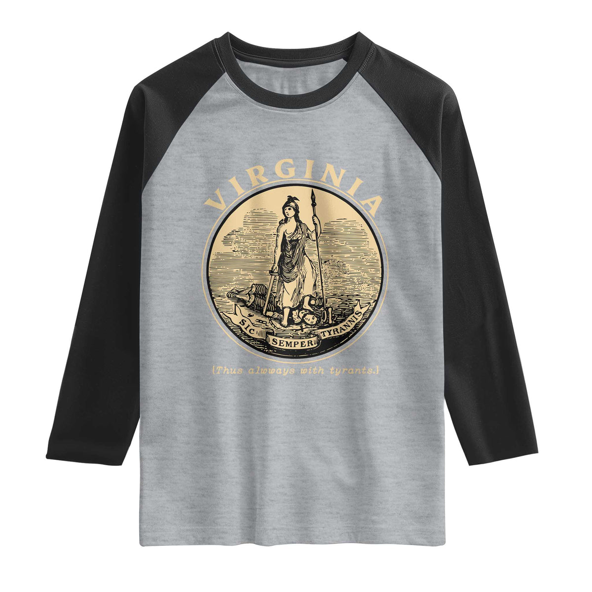 Vintage Virginia Motto Sic Semper Tyrannis Raglan Shirt TS14 Heather Gray Black Print Your Wear