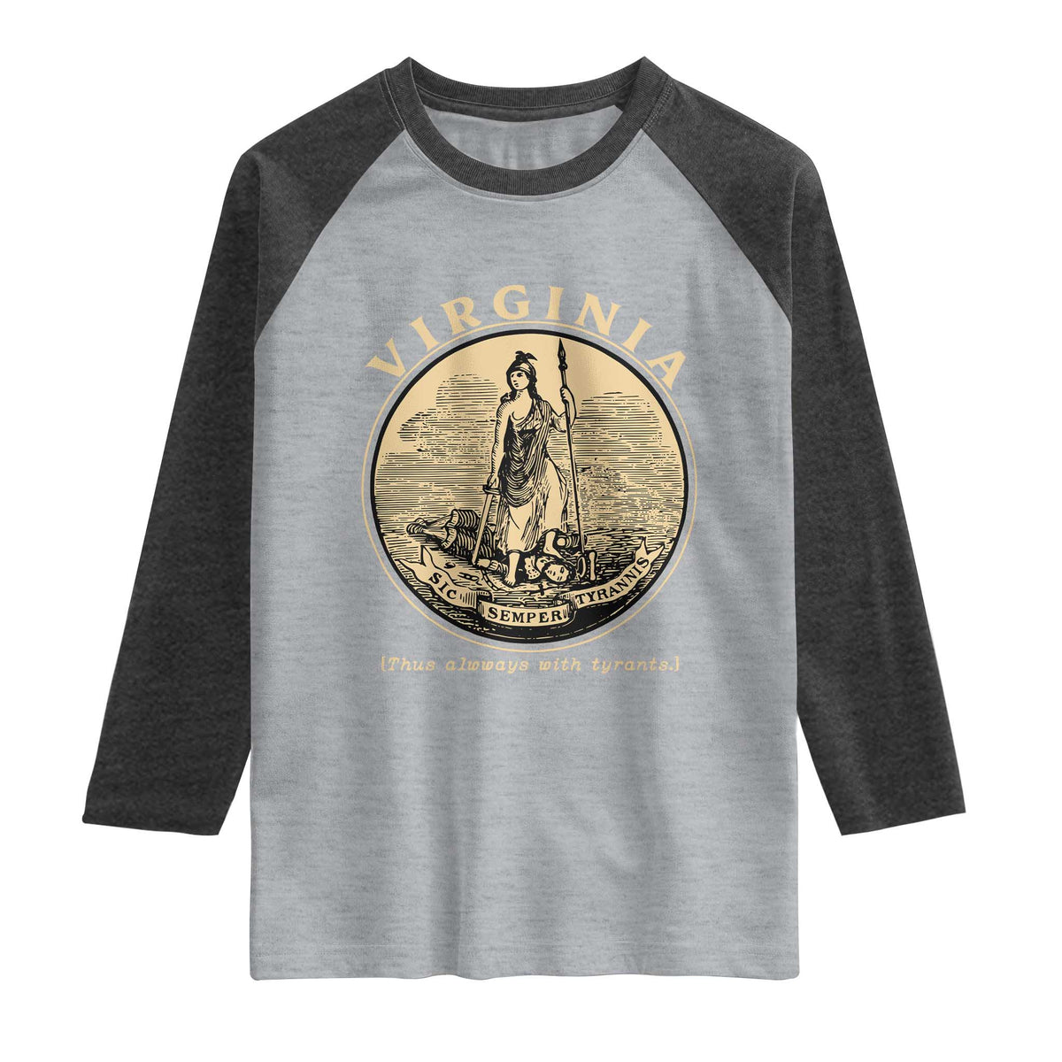 Vintage Virginia Motto Sic Semper Tyrannis Raglan Shirt TS14 Heather Gray Heather Charcoal Print Your Wear