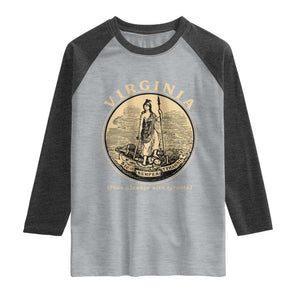 Vintage Virginia Motto Sic Semper Tyrannis Raglan Shirt TS14 Heather Gray Heather Charcoal Print Your Wear