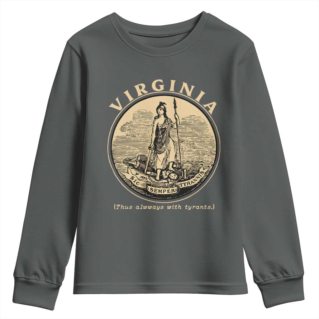 Vintage Virginia Motto Sic Semper Tyrannis Youth Sweatshirt TS14 Dark Heather Print Your Wear