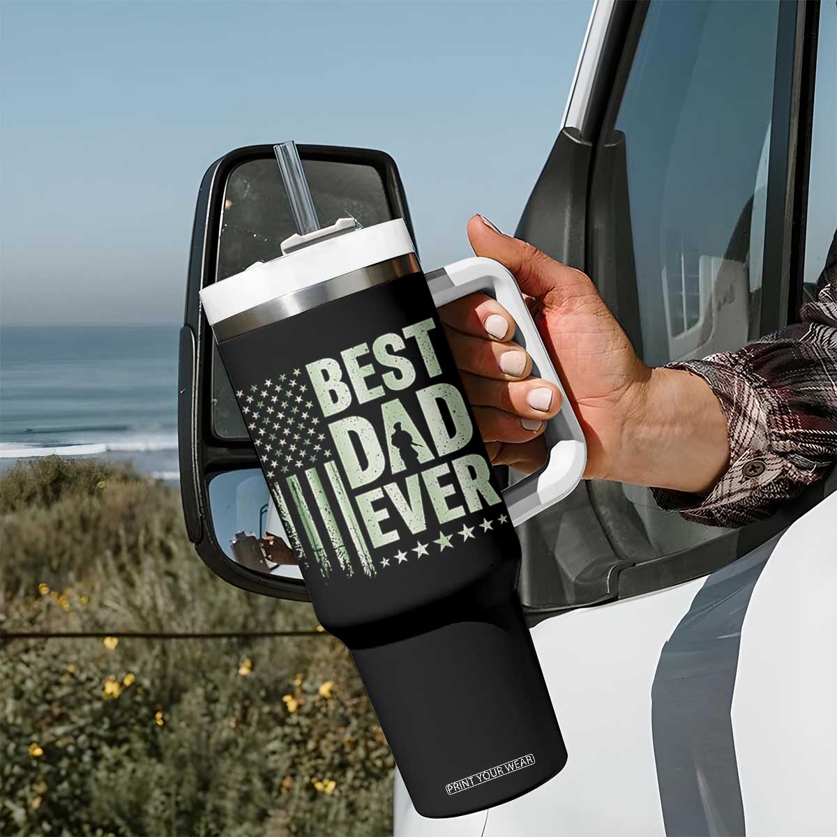 Best Dad Ever Tumbler With Handle Military Camo American Flag Father's Day