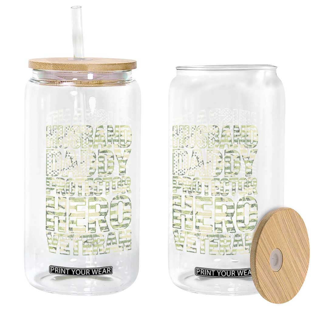 Husband Daddy Protector Hero Veteran Glass Can Father's Day American Flag Camouflage