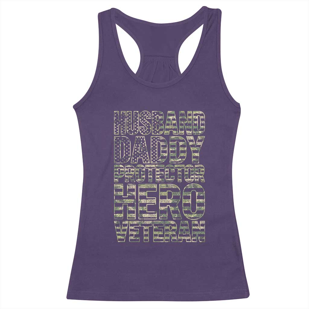 Husband Daddy Protector Hero Veteran Racerback Tank Top Father's Day American Flag Camouflage TS14 Purple Print Your Wear
