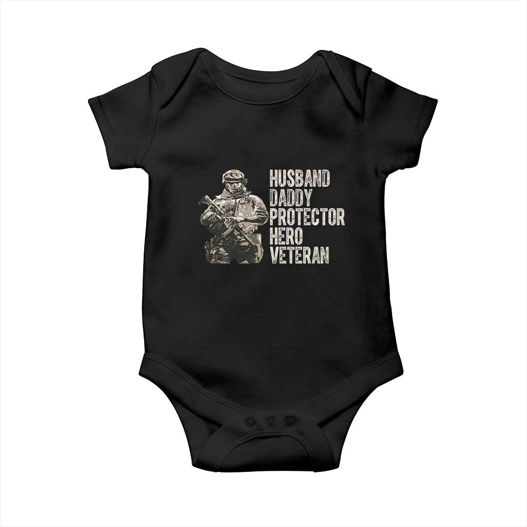 Husband Daddy Protector Hero Veteran Baby Onesie Patriotic American Flag Camo Father's Day TS14 Black Print Your Wear