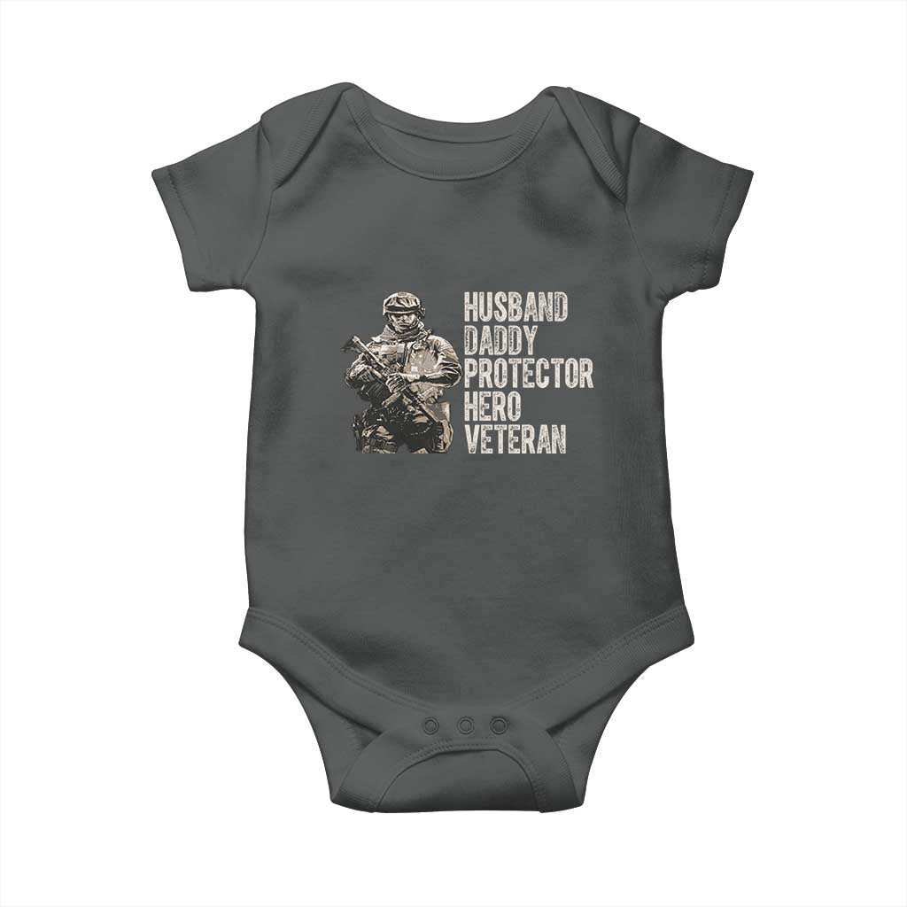 Husband Daddy Protector Hero Veteran Baby Onesie Patriotic American Flag Camo Father's Day
