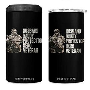 Husband Daddy Protector Hero Veteran 4 in 1 Can Cooler Tumbler Patriotic American Flag Camo Father's Day