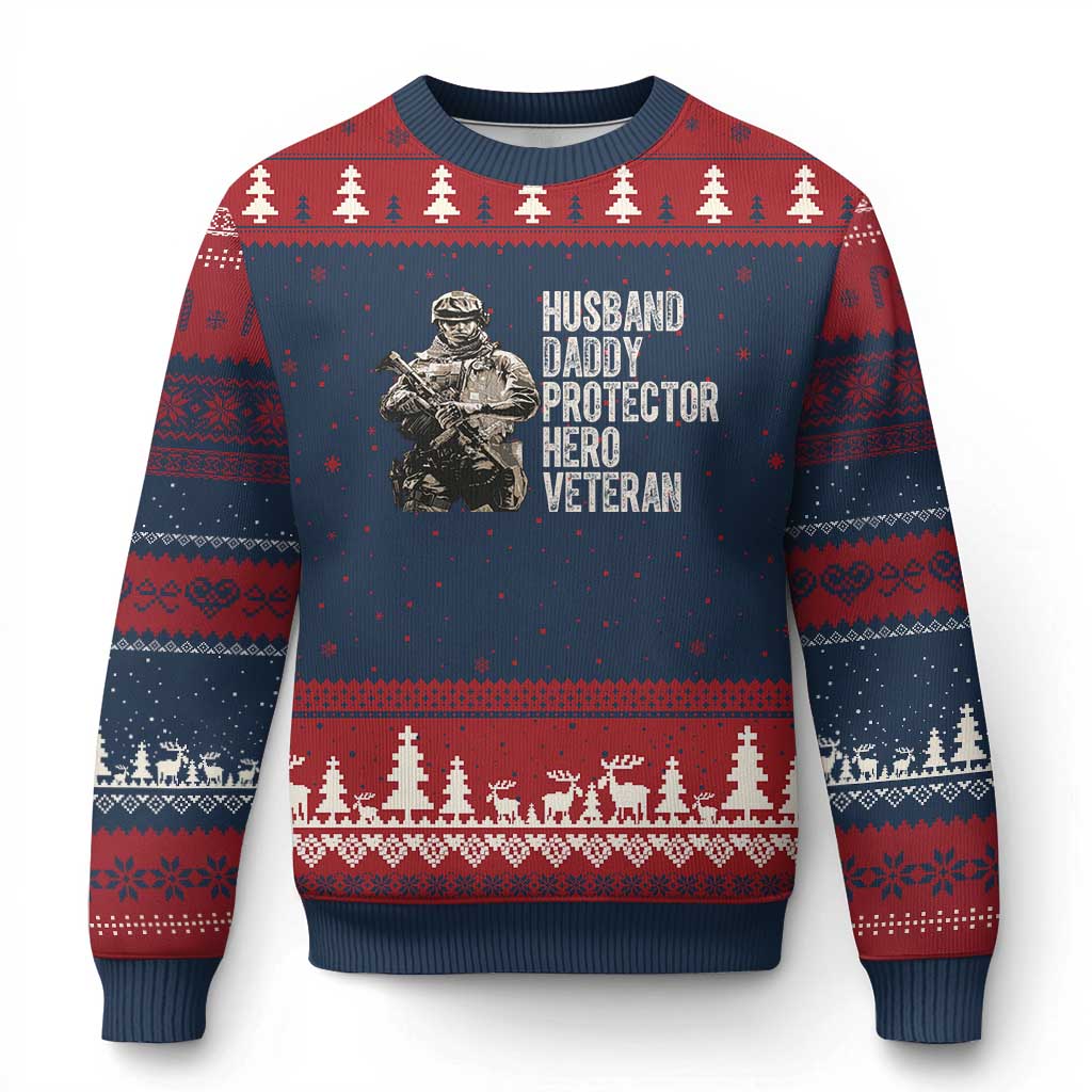 Husband Daddy Protector Hero Veteran Ugly Christmas Sweater Patriotic American Flag Camo Father's Day TS14 Navy Red Print Your Wear