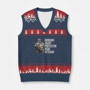 Husband Daddy Protector Hero Veteran V-Neck Knit Sweater Vest Patriotic American Flag Camo Father's Day