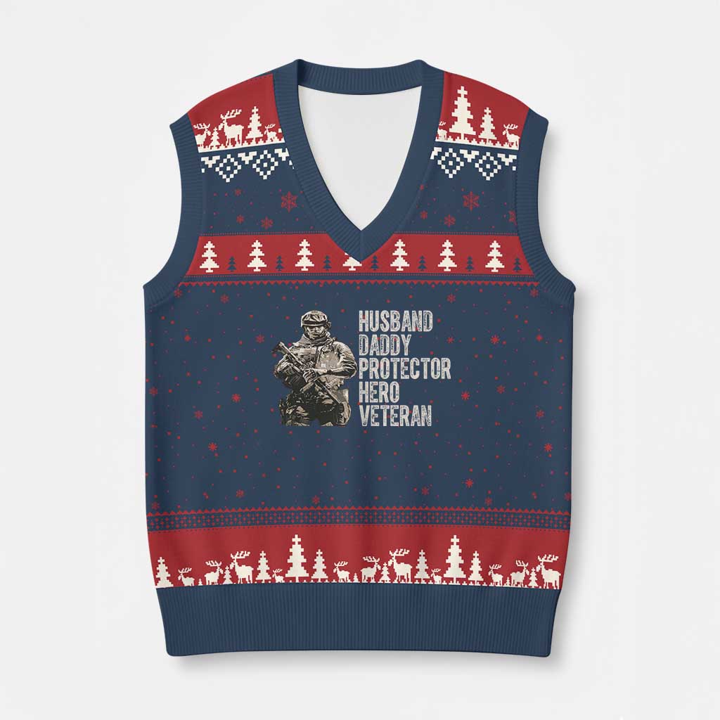 Husband Daddy Protector Hero Veteran V-Neck Knit Sweater Vest Patriotic American Flag Camo Father's Day TS14 Navy Red Print Your Wear