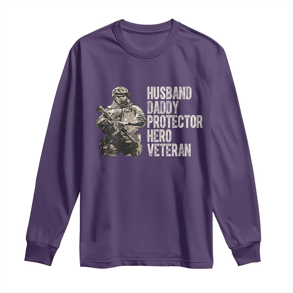 Husband Daddy Protector Hero Veteran Long Sleeve Shirt Patriotic American Flag Camo Father's Day TS14 Purple Print Your Wear