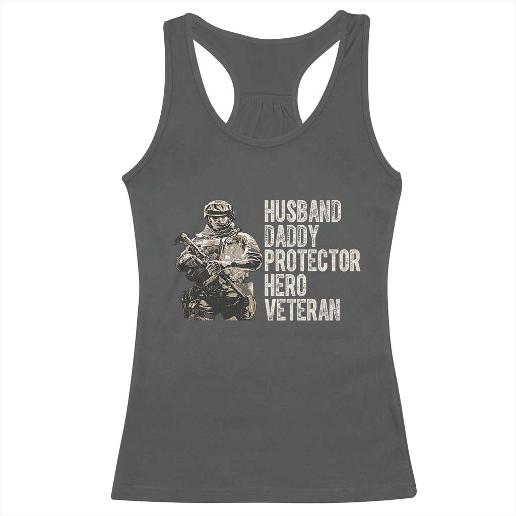 Husband Daddy Protector Hero Veteran Racerback Tank Top Patriotic American Flag Camo Father's Day