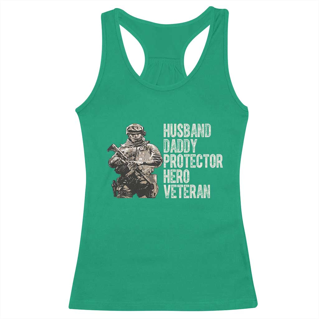 Husband Daddy Protector Hero Veteran Racerback Tank Top Patriotic American Flag Camo Father's Day