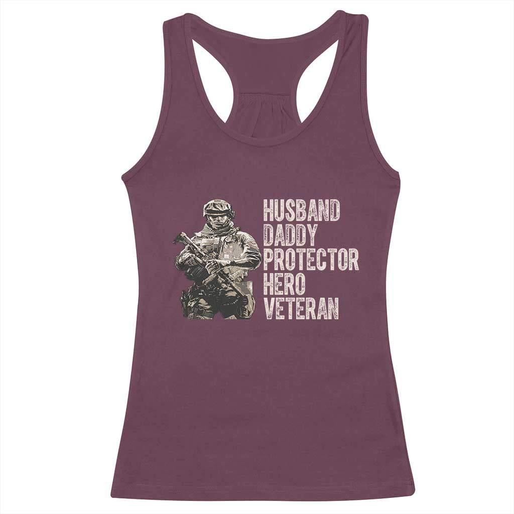 Husband Daddy Protector Hero Veteran Racerback Tank Top Patriotic American Flag Camo Father's Day