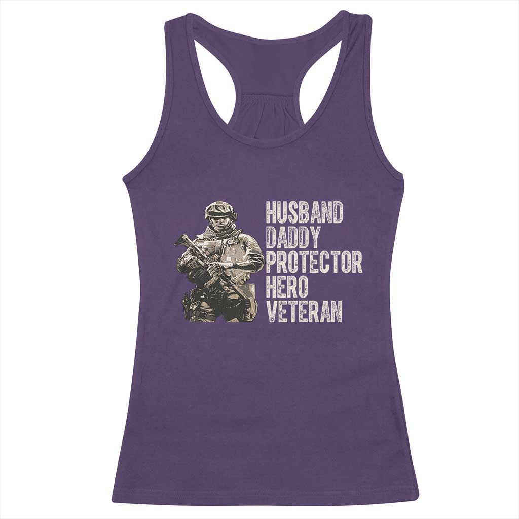Husband Daddy Protector Hero Veteran Racerback Tank Top Patriotic American Flag Camo Father's Day