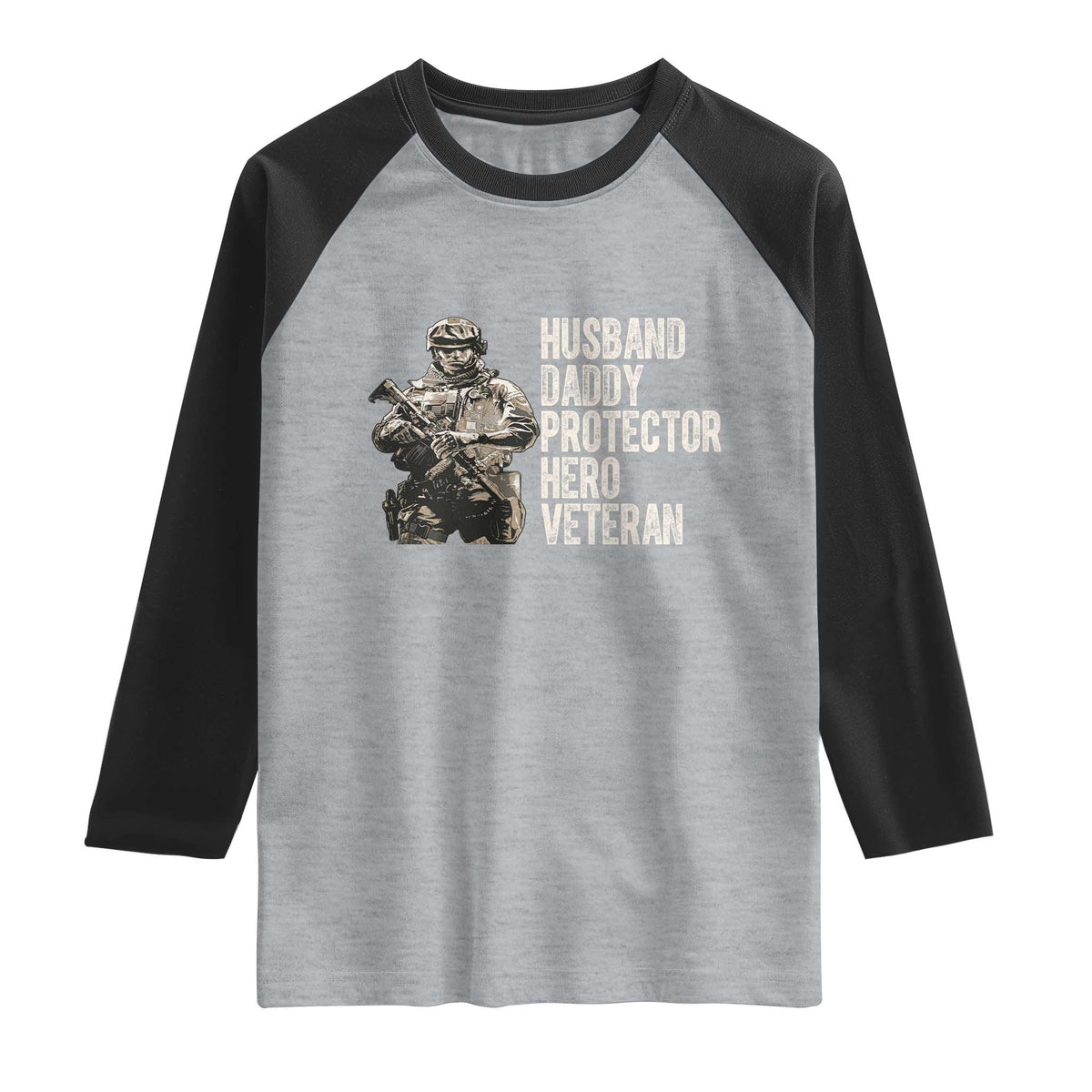 Husband Daddy Protector Hero Veteran Raglan Shirt Patriotic American Flag Camo Father's Day TS14 Heather Gray Black Print Your Wear