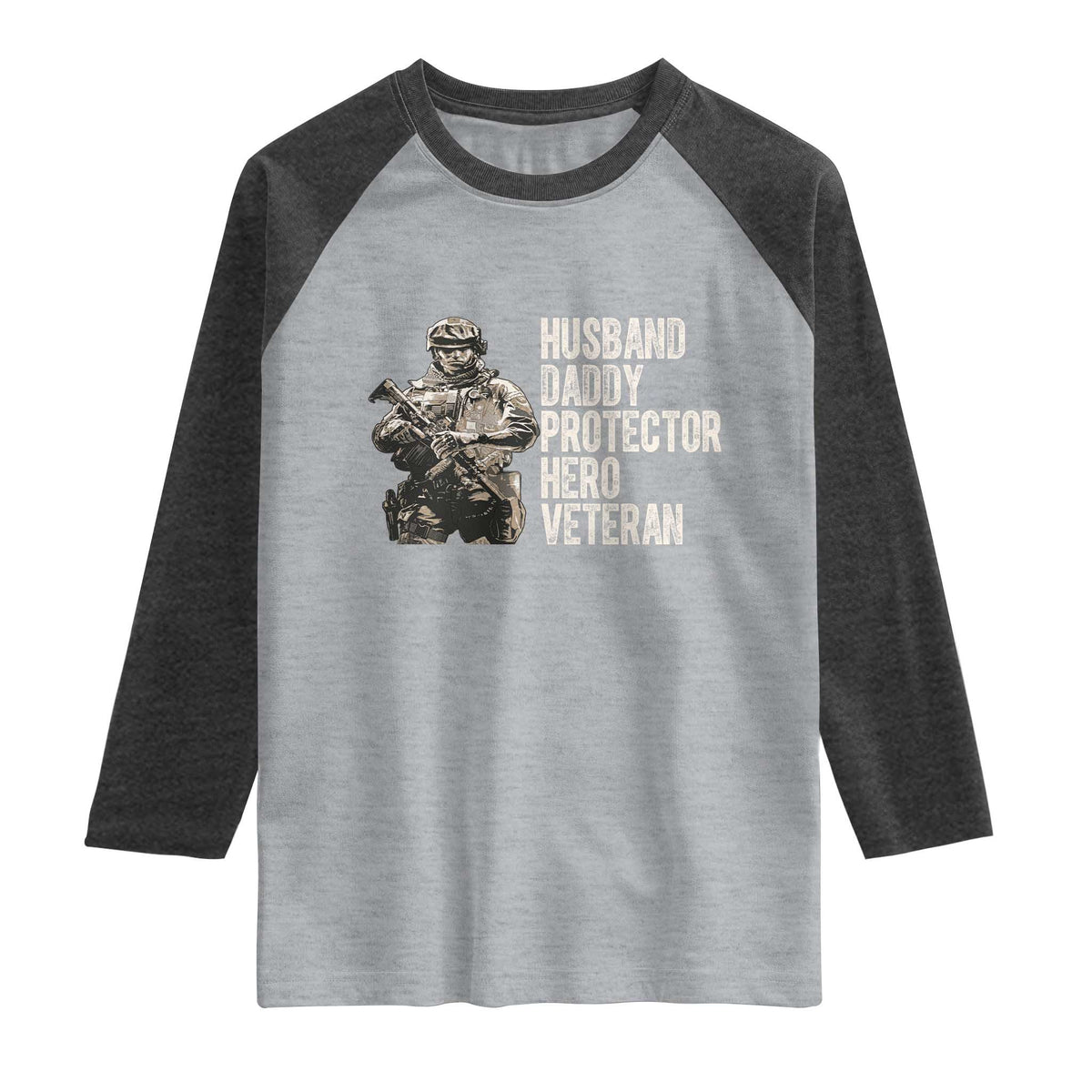 Husband Daddy Protector Hero Veteran Raglan Shirt Patriotic American Flag Camo Father's Day TS14 Heather Gray Heather Charcoal Print Your Wear