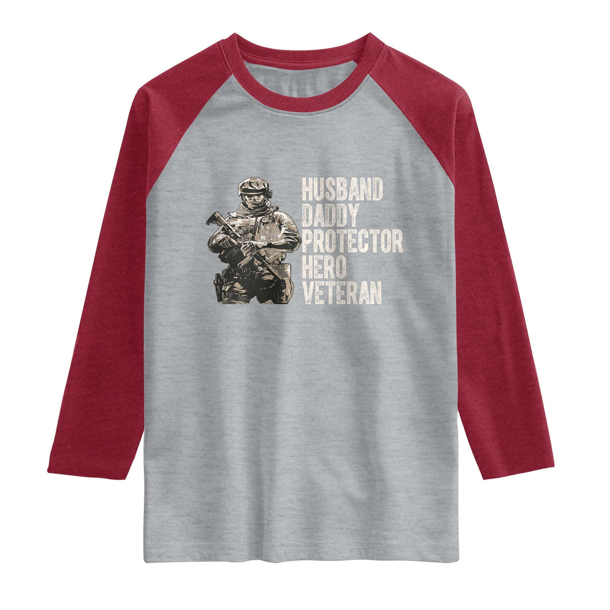 Husband Daddy Protector Hero Veteran Raglan Shirt Patriotic American Flag Camo Father's Day TS14 Heather Gray Heather Red Print Your Wear
