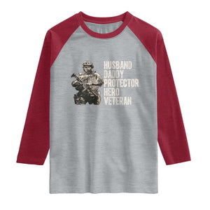Husband Daddy Protector Hero Veteran Raglan Shirt Patriotic American Flag Camo Father's Day TS14 Heather Gray Heather Red Print Your Wear