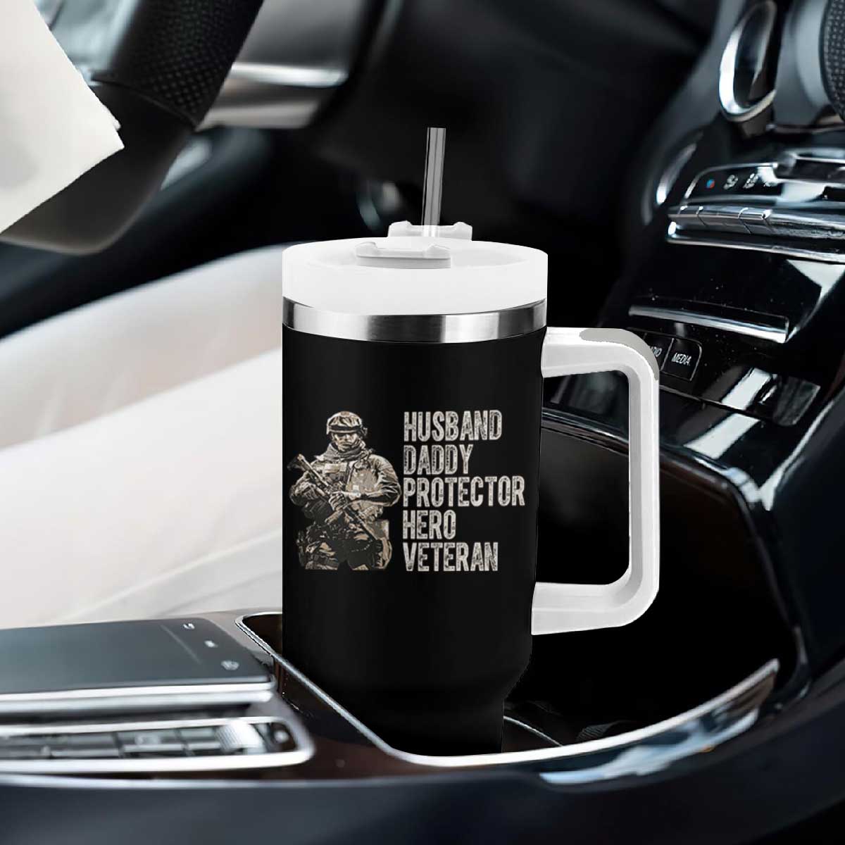 Husband Daddy Protector Hero Veteran Tumbler With Handle Patriotic American Flag Camo Father's Day