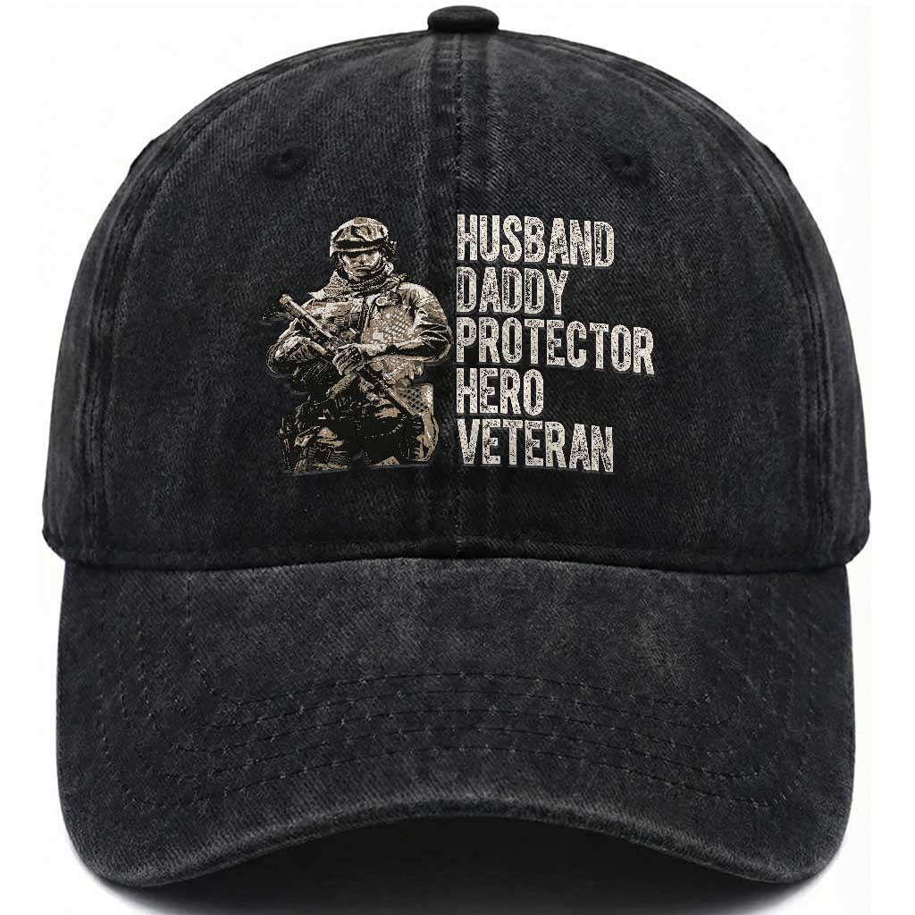 Husband Daddy Protector Hero Veteran Washed Cotton Baseball Cap Patriotic American Flag Camo Father's Day TS14 Print Your Wear