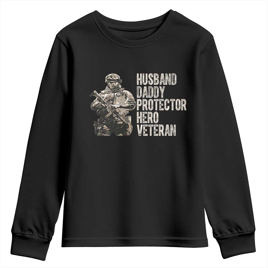 Husband Daddy Protector Hero Veteran Youth Sweatshirt Patriotic American Flag Camo Father's Day