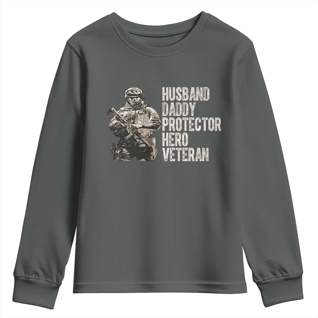 Husband Daddy Protector Hero Veteran Youth Sweatshirt Patriotic American Flag Camo Father's Day