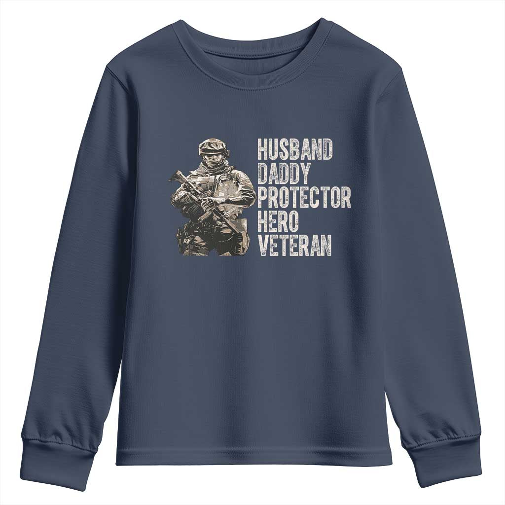 Husband Daddy Protector Hero Veteran Youth Sweatshirt Patriotic American Flag Camo Father's Day