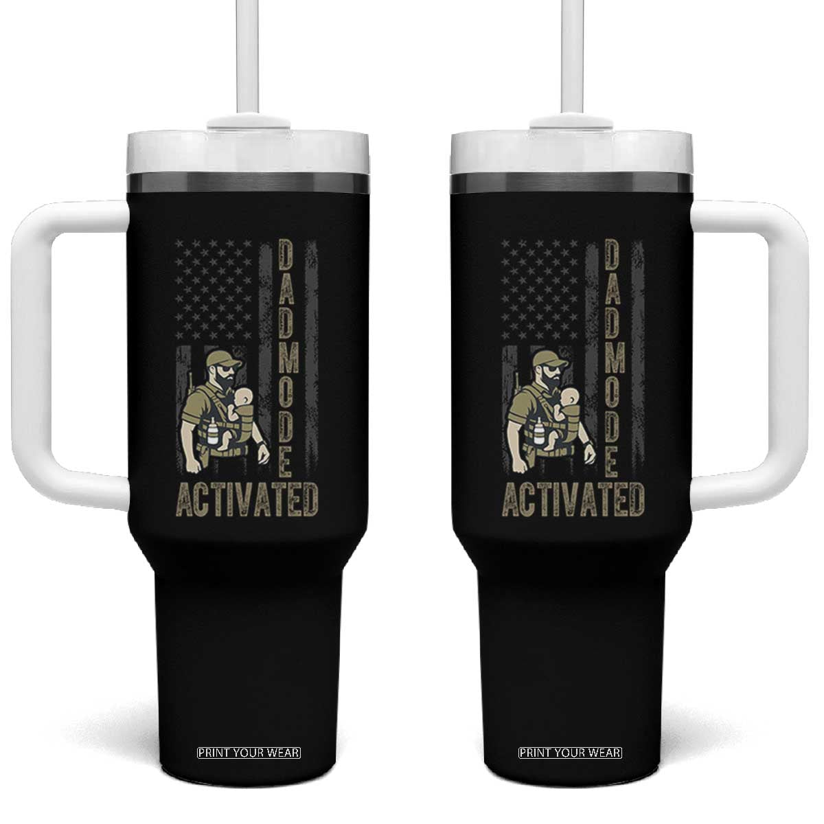 Dad Mode Activated Tumbler With Handle Tactical Baby Carrier Military Father Amerian Flag TS14 One Size: 40 oz Black Print Your Wear