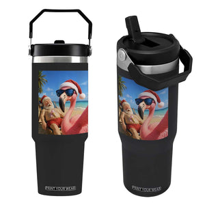 Funny Flamingo Beach Selfie Flip Straw Tumbler Christmas in July