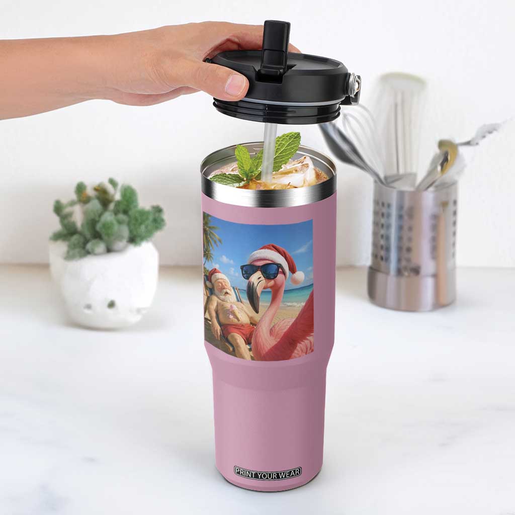 Funny Flamingo Beach Selfie Flip Straw Tumbler Christmas in July