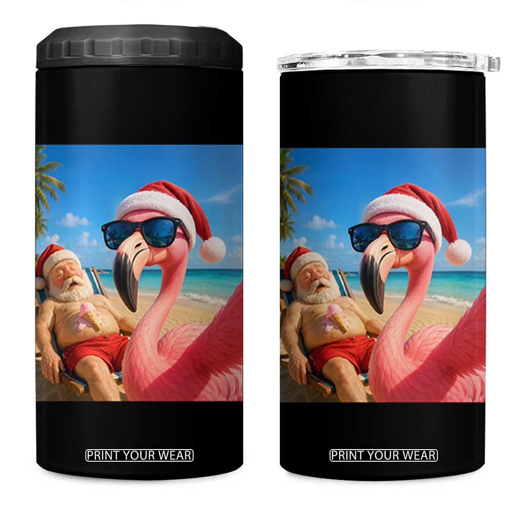 Funny Flamingo Beach Selfie 4 in 1 Can Cooler Tumbler Christmas in July