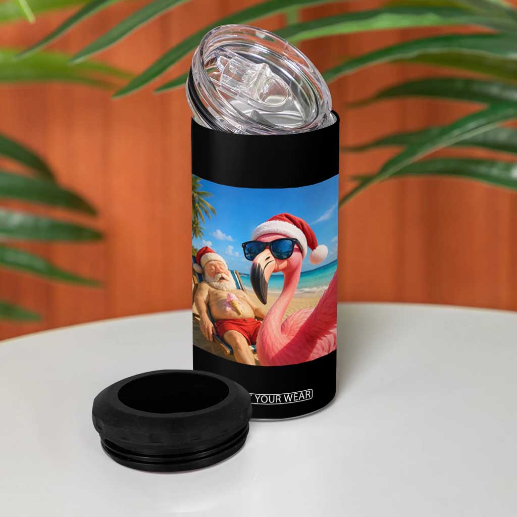 Funny Flamingo Beach Selfie 4 in 1 Can Cooler Tumbler Christmas in July