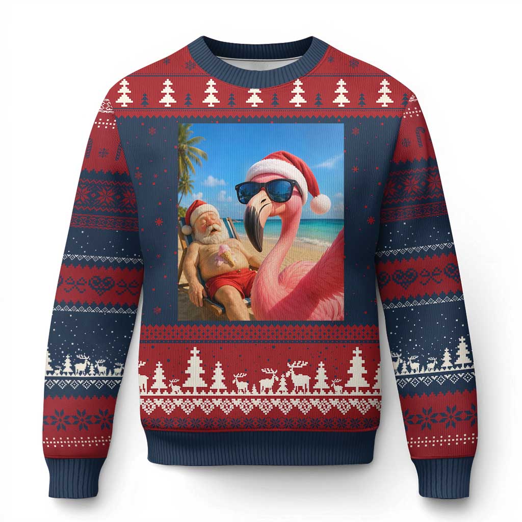 Funny Flamingo Beach Selfie Ugly Christmas Sweater Christmas in July TS14 Navy Red Print Your Wear