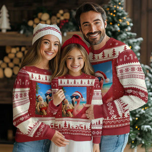 Funny Flamingo Beach Selfie Ugly Christmas Sweater Christmas in July TS14 Red Beige Print Your Wear