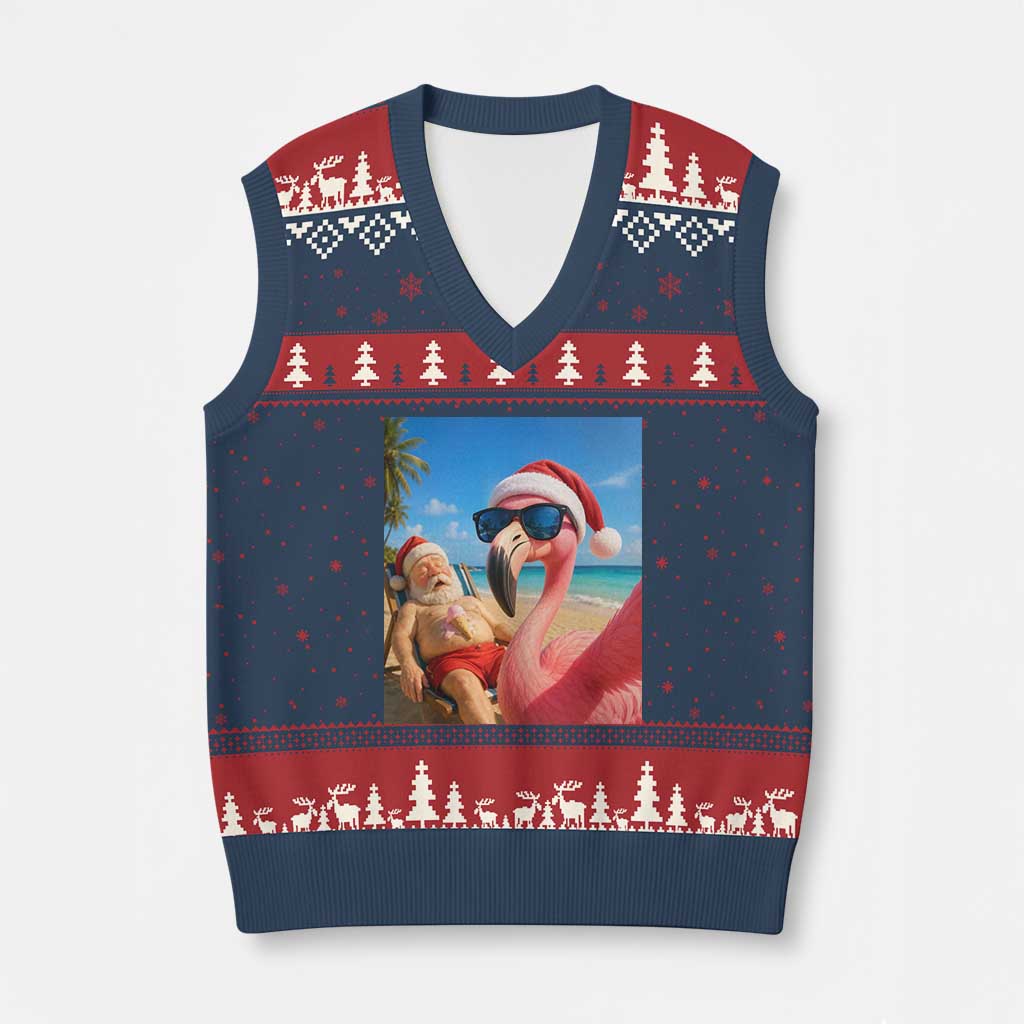Funny Flamingo Beach Selfie V-Neck Knit Sweater Vest Christmas in July TS14 Navy Red Print Your Wear