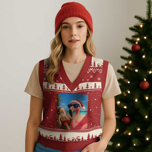 Funny Flamingo Beach Selfie V-Neck Knit Sweater Vest Christmas in July