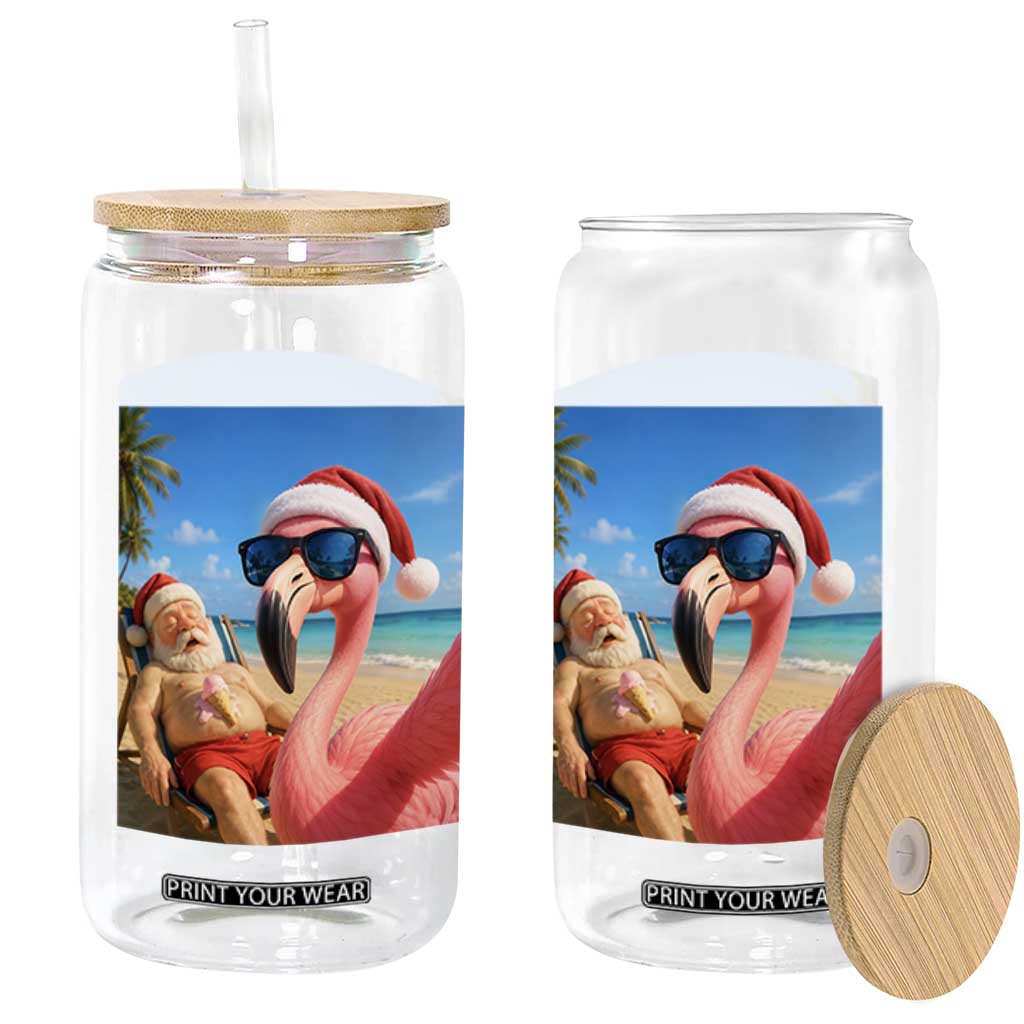 Funny Flamingo Beach Selfie Glass Can Christmas in July
