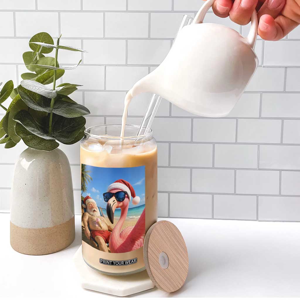 Funny Flamingo Beach Selfie Glass Can Christmas in July