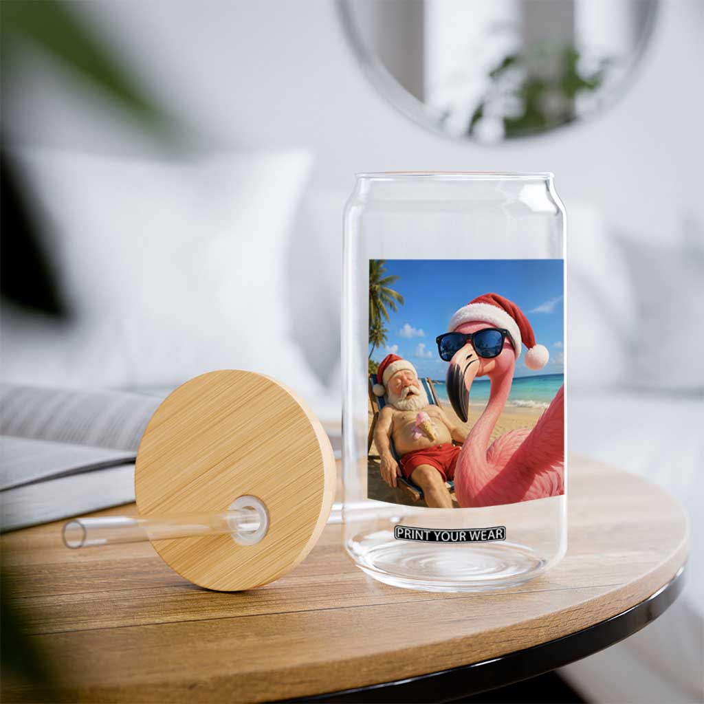 Funny Flamingo Beach Selfie Glass Can Christmas in July