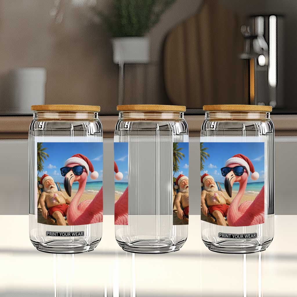 Funny Flamingo Beach Selfie Glass Can Christmas in July