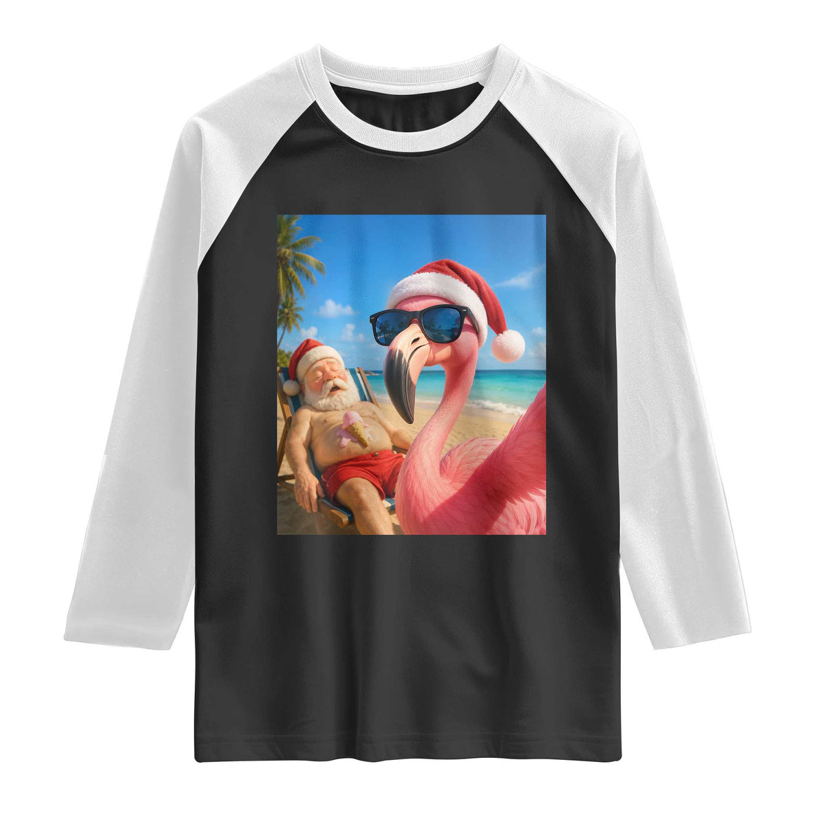 Funny Flamingo Beach Selfie Raglan Shirt Christmas in July TS14 Black White Print Your Wear