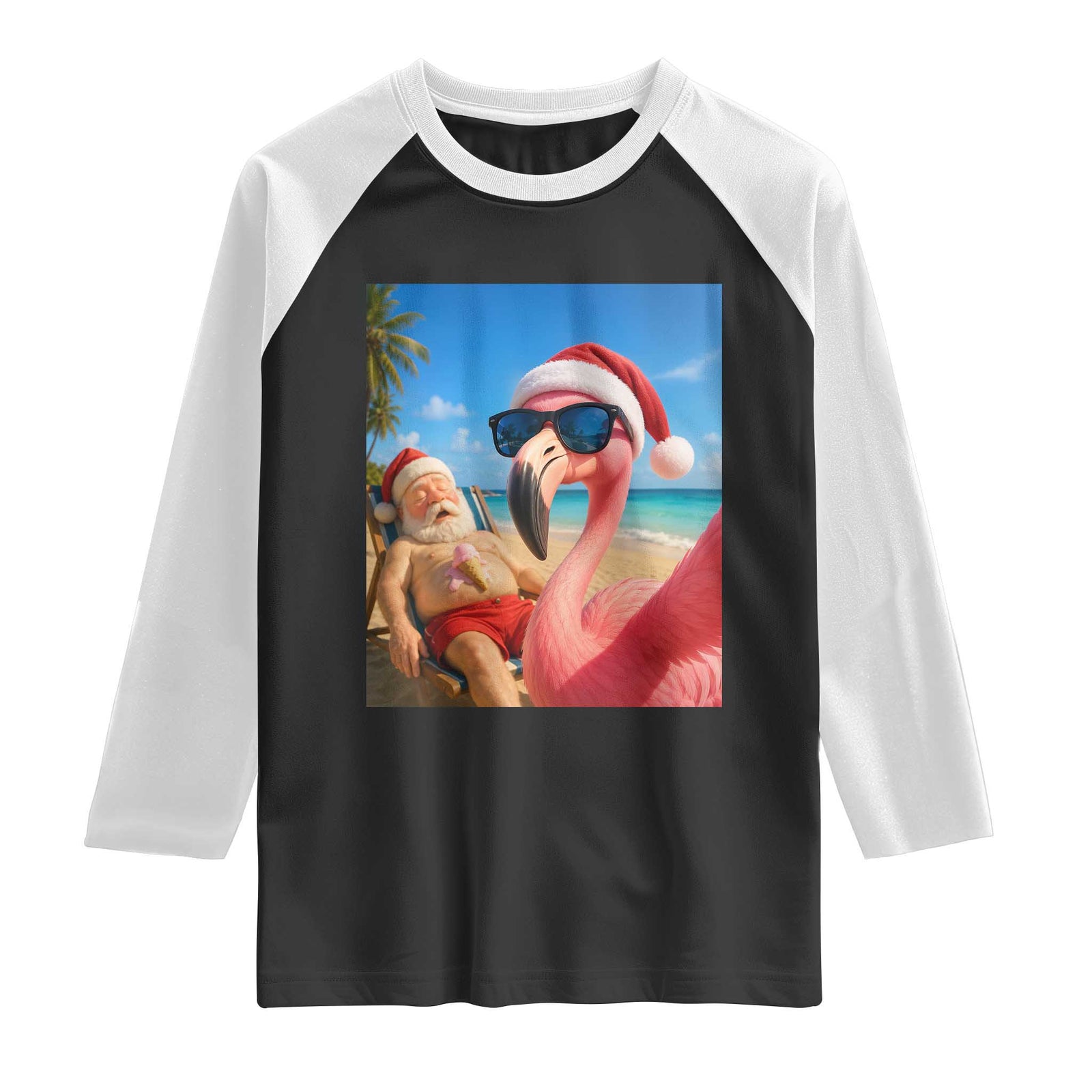 Funny Flamingo Beach Selfie Raglan Shirt Christmas in July TS14 Black White Print Your Wear