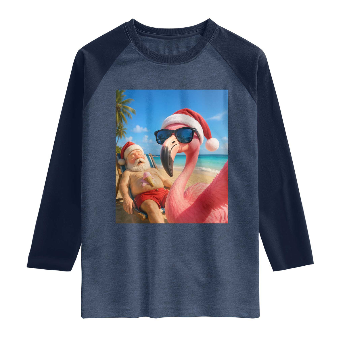 Funny Flamingo Beach Selfie Raglan Shirt Christmas in July TS14 Heather Denim Navy Print Your Wear