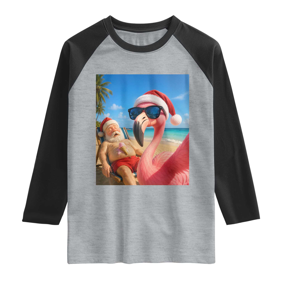 Funny Flamingo Beach Selfie Raglan Shirt Christmas in July TS14 Heather Gray Black Print Your Wear