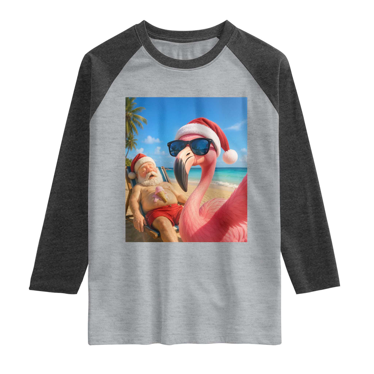 Funny Flamingo Beach Selfie Raglan Shirt Christmas in July TS14 Heather Gray Heather Charcoal Print Your Wear