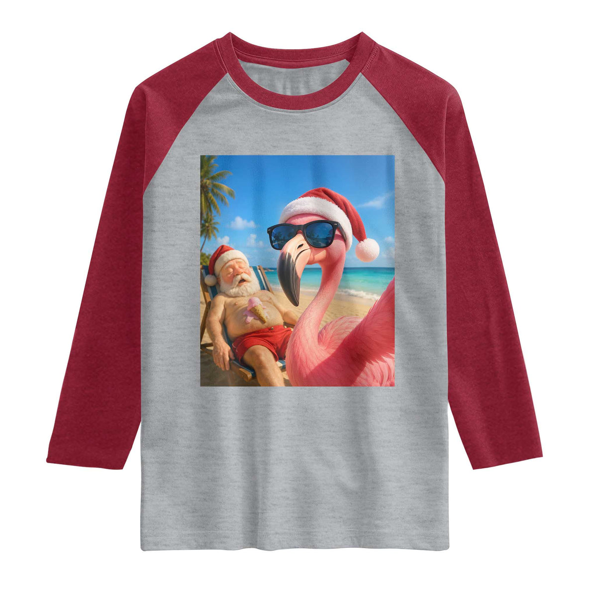 Funny Flamingo Beach Selfie Raglan Shirt Christmas in July TS14 Heather Gray Heather Red Print Your Wear