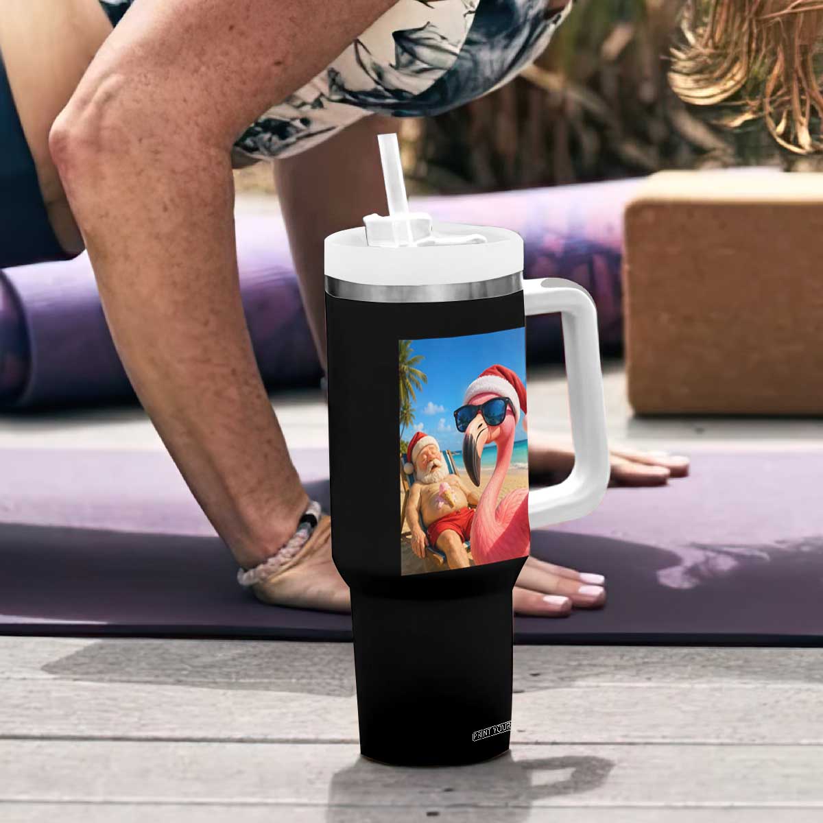 Funny Flamingo Beach Selfie Tumbler With Handle Christmas in July TS14 Print Your Wear