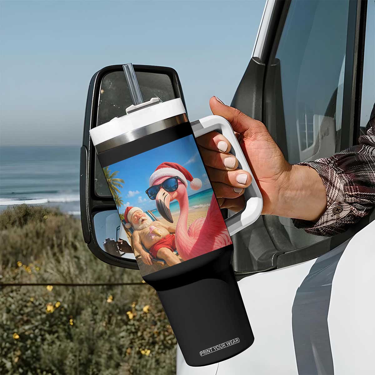 Funny Flamingo Beach Selfie Tumbler With Handle Christmas in July TS14 Print Your Wear